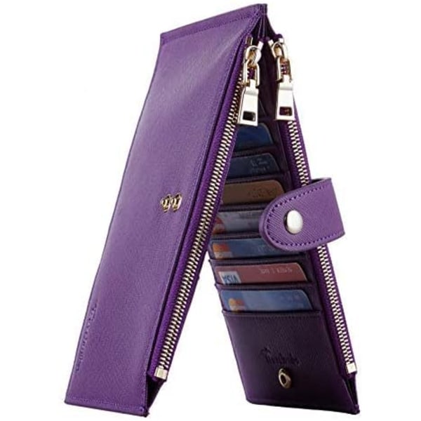 Naisten lompakko RFID-suojattu kaksinkertainen monikorttilompakko vetoketjullisella taskulla (syvä violetti)