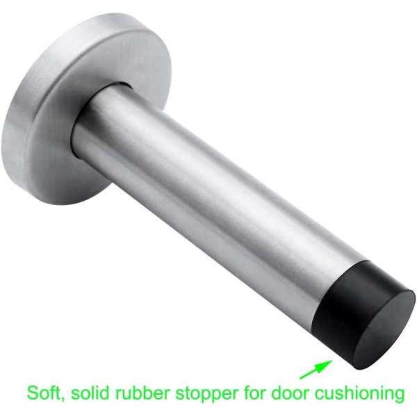 2-delt dørstopper i rustfritt stål med støtfanger, dørstopper 95 mm lengde, dørstopper, dørstopper for dør- og veggbeskyttelse - sølv