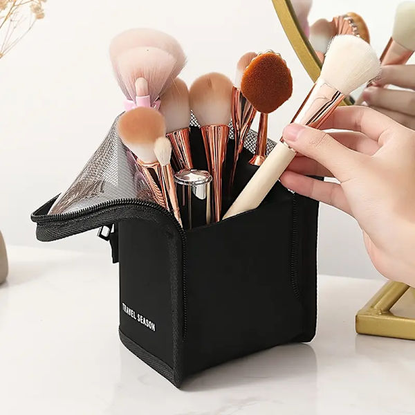 PVC Kosmetisk Taske, Vandtæt Multifunktionel Netpose Til Makeupbørste Med Stor Kapacitet, Sort