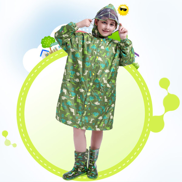 Regnfrakke børneregnfrakke--grøn dinosaur med skoletaske M