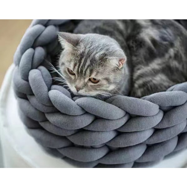 Handgjord korg i ett stycke för husdjur, hundar, katter, grovvävt bomullsrep, mjuk kudde för att sova, valpar, kattungar, stickad ull (35 cm, mörkgrå)