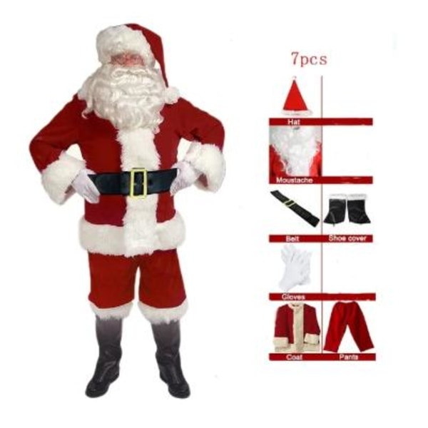 7st jultomtekostym jul komplett dress-up outfit för vuxen tomte kostym med hatt män Cosplay kostymer Santa L