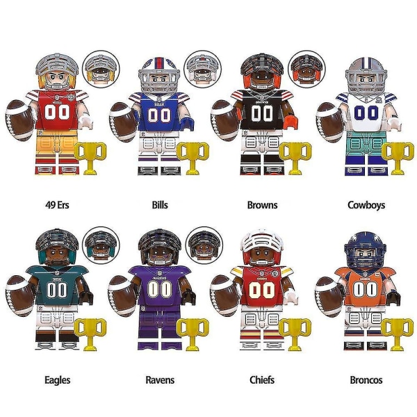 8 stk Rugby Player Series Minifigures Byggeklosser Kit, Eagles Ravens Chiefs Broncos Mini Action F