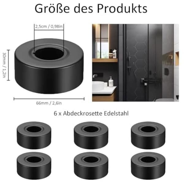 Brusearmatur med sort roset 66mm – Sæt med 6 rosetter i rustfrit stål – Til vandrør og vinkelventiler