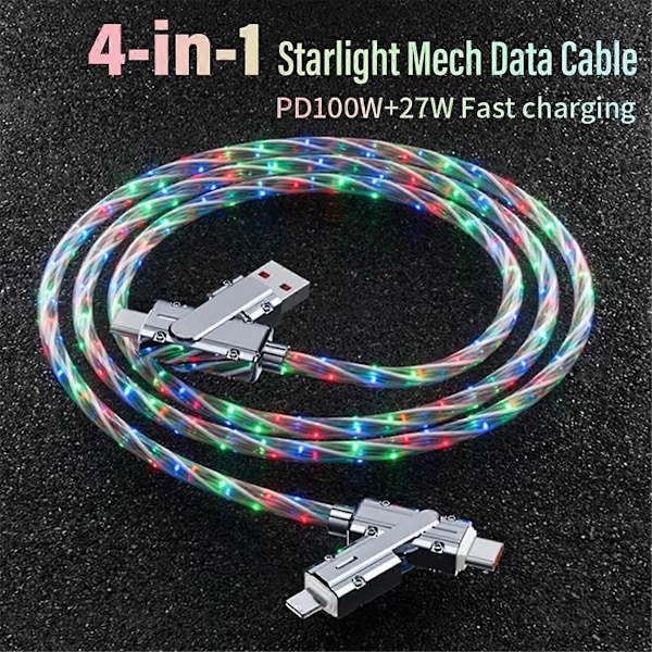 Ny Stjärnklar Himmels LED Flerfärgad Snabbladdningskabel, 100W LED USB-kabel 4 i 1 Snabbladdning Typ C U