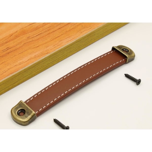 6 stk skabstrækskab med skrue læderknopper (rød brunt læder, 128 mm hulafstand)
