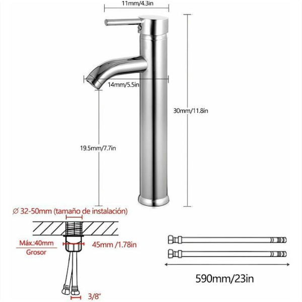 Badvask eller vaskedel, varmt og kaldt justerbar servantkran, krom 295×145×30mm - Sølv