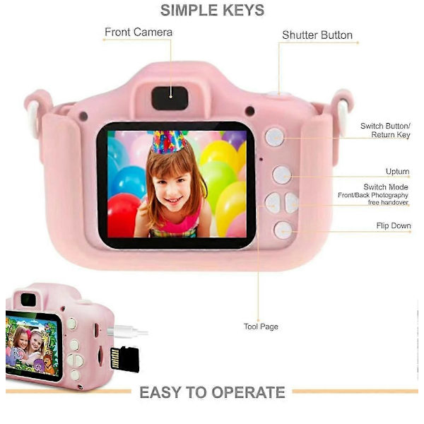 Kriogor Barnekamera, Digitalt Kamera Selfie og Videokamera med 12 Megapiksel/ Dobbelt Linse/ 2 Tommers Skjerm/ 1080P HD/ 32G TF Kort, Bursdagsgave