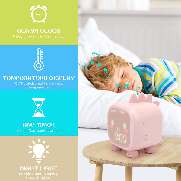 Barnevekkerklokke, digital vekkerklokke for barnerom, vekkelys med USB-vekkerklokke (rosa)