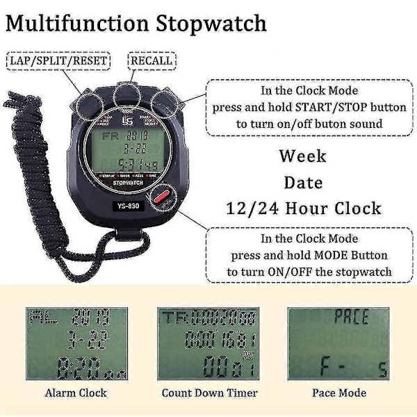 Stoppur Professionell Timer 3 Rader 10/30/100 Varv Split Minne Med Digital Extra Stor Skärm För Stoppur Sport Spel Timer Räkna Upp Ner Vatten Re