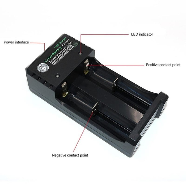 18650 laddare USB laddare med dubbla kortplatser för att ladda 3,7V cylindriskt 2-cells litiumbatteri