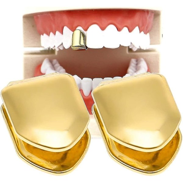 2 Pieces 14k Plated Gold  Mouth Teeth,  Teeth Plain , Top Tooth Single Grill Cap For Teeth Mouth, Party Accessories Teeth Grills (color : Gold)