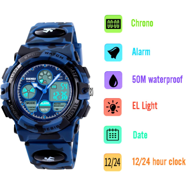 Digitaalinen watch urheiluvedenpitävä elektroninen watch herätyskello sekuntikello (tummansininen naamiointi)