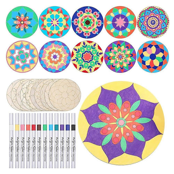 22 Pcs Wooden Mandala Painting Set 10 Mandala Unfinished Wood Cutouts with 12 Markers for Crafts Mandala Wood Slices