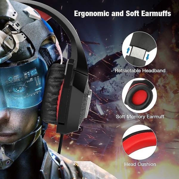 Headset Gaming Headset Colorful Luminous Wired Headset Subwoofer Headset (rød, svart)