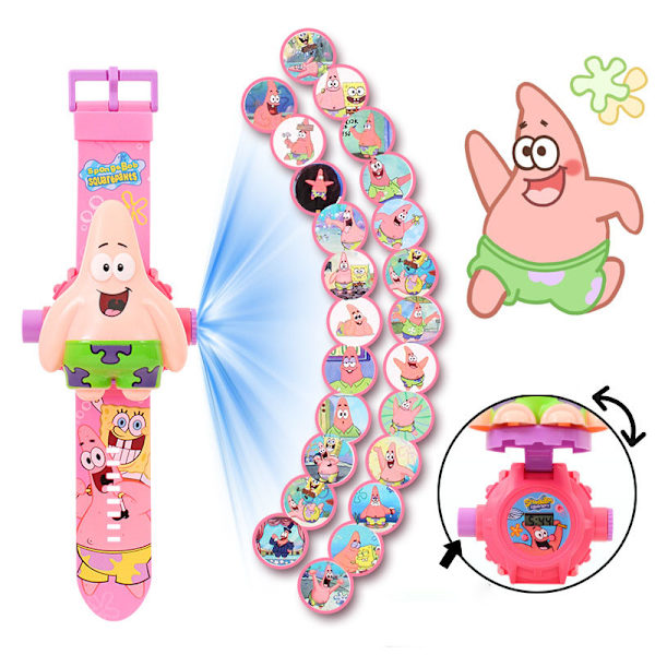 Patrick Star -kelloprojektiokello projektori-toiminnolla, sarjakuva-käännettävä lelukello – 24 diaesityspeli, siniset silmät