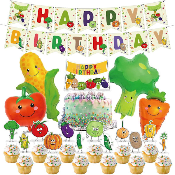 Grønnsaksbursdagsfestutstyr Søte grønnsaksfestdekorasjoner Inkluderer Happy Birthday Banner Folieballonger Kakepynt Cupcake Toppers Tegneserie Bir