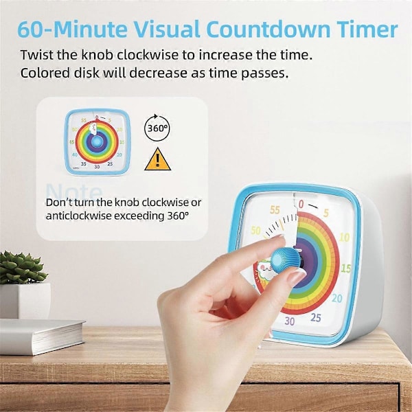 60-Minutters Visuel Timer med Natlys, Nedtællingstimer, Pomodoro Timer med Regnbue Mønster til Børn og Voksne Blå