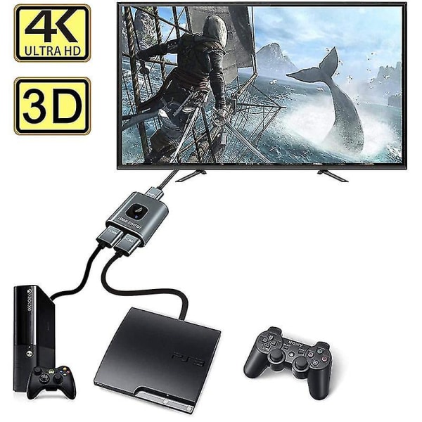 Hdmi-kytkin 4k Hdmi-jakaja - Gana Prime alumiininen kaksisuuntainen Hdmi-kytkin 1 sisään 2 ulos (yksi näyttö) tai 2 sisään 1 ulos, tukee 4k 3d Hd 108