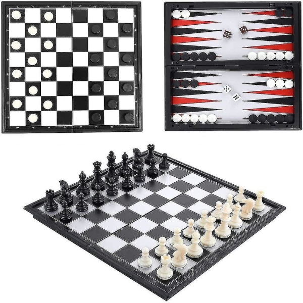 Magnetisk rejseskaksæt, Lmell 3 i 1 skakbrætspil Dam/udkast Backgammongave