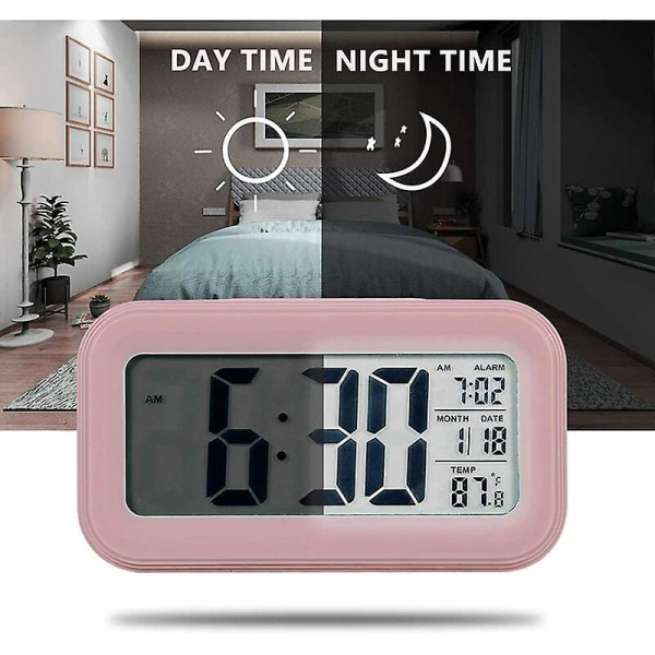 Batteridrevet digitalt vækkeur - 11 cm lyserødt LCD-skærmur til soveværelse med natlys og snooze