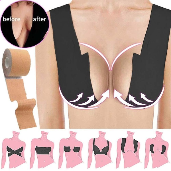 Osynliga brösttejp cover bröstkuddar axelbandslösa push-up osynliga klistermärken svarta 7.5CM*5M