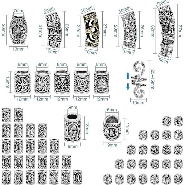 Kryc   80 Rune Perler Sæt Med 300 Elastikker, Viking Skæg Perler, Antik Diy Hår Og Skæg Perler, Nordisk Hår Smykker, Flettet Armbånd, Vedhæng
