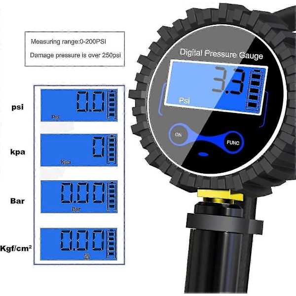 Digital Däcktrycksmätare 250 Psi, Högprecisions Digital Däcktrycksmätare Med Uppblåsningsvapen