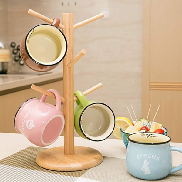 Bambus kopholder med 6 kroge, kopholder, bordplade kaffekopholder, kaffekopholder