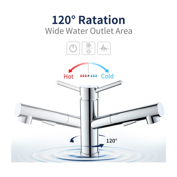 120° svingbar kjøkkenkran med uttrekkbar tut med 2 tutalternativer.