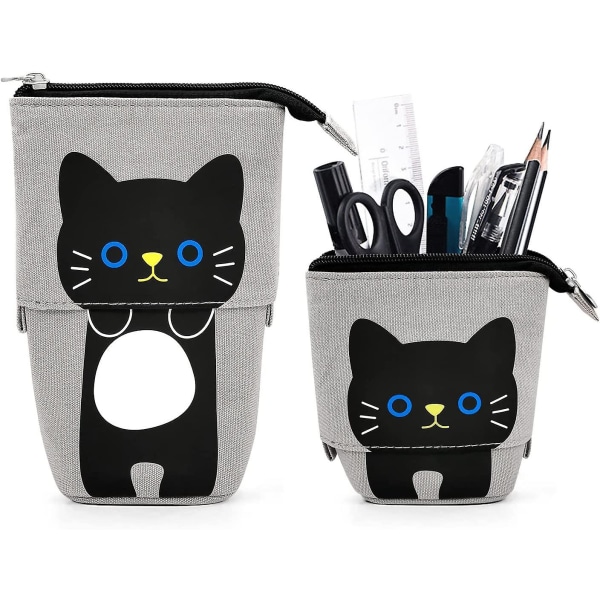 Kissan söpö seisova case lapsille, Pop Up Pencil Box -meikkipussi, pystyssä seisova sarjakuvakynäpidike organizer , Kawaii Stationary (musta