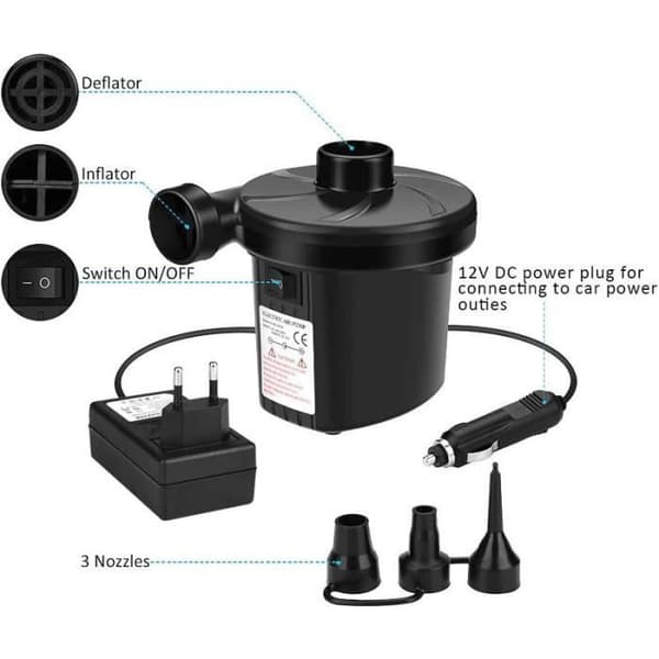 Elektrisk Luftpump, 3 Munstycken för Madrasser, Campingkuddar, Vattensängar, Båtar, Simringar (Ej för Bollar)