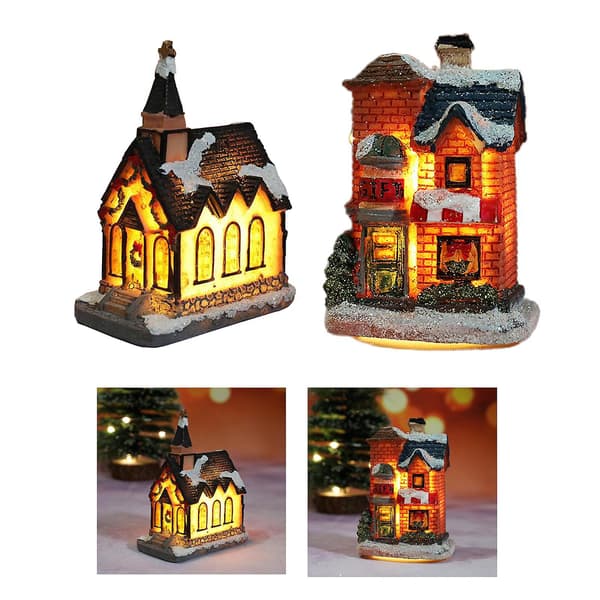 2x Lysende Julepynt LED Miniature Hus Landsby
