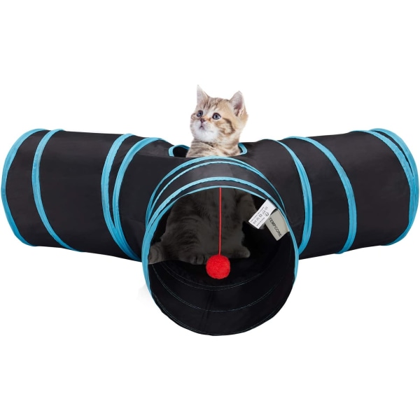 Pet Cat Tunnel Tube Kattleker 3-veis sammenleggbare, kattetunneler for innekatter (blå 2)