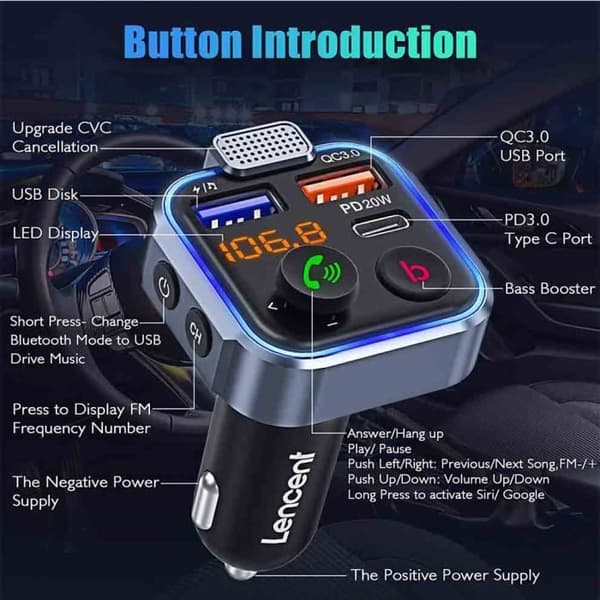Bluetooth FM-sender Radiosender - 20W PD Hurtigoplader - Bluetooth 5.0 - Håndfri
