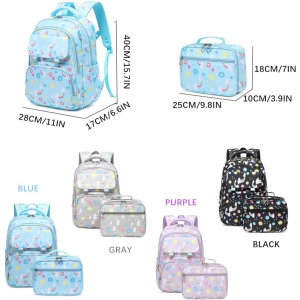 Skolväska för flickor, söt ryggsäck med print för grundskolan (grå)