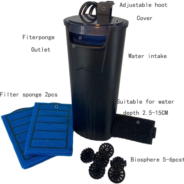 Aquarium Turtle Low Water Filter - Turtle Aquarium Cleaning Pump (600L/h) - Musta