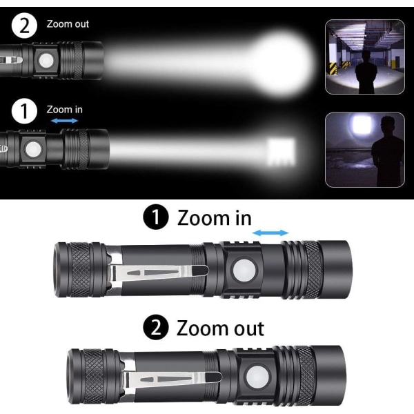 Uppladdningsbar taktisk ficklampa, IPX6 vattentät, zoombar, liten ficklampa, nödläge