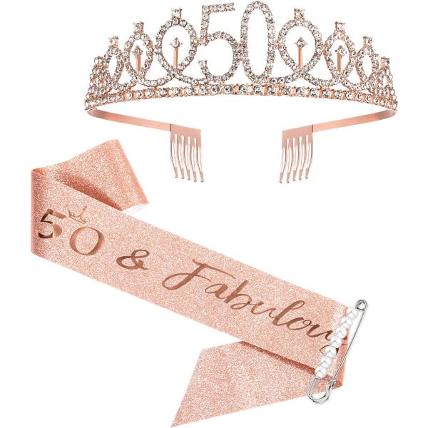 Kvinners 50-årsdagsbelte og tiara, rosegull bursdagsbelte og krone 50-års-belte og tiara for kvinner