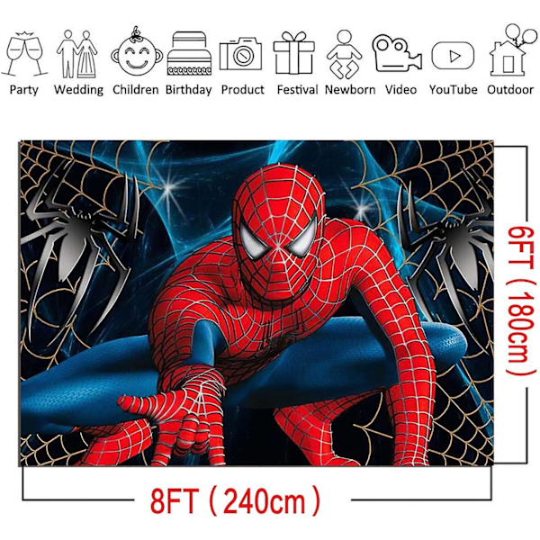 8x6ft Spiderman-taustakangas valokuvausta varten Punainen supersankari taustakuva vauvakutsuille lapsille Onnellinen syntymäpäivä Spiderman-koriste kakkupöydän banneri