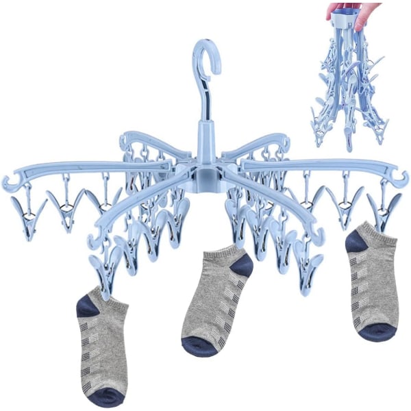 Tørkestativ for sokker, 24 klips sammenleggbart vindtett svingbart hengende stativ (blå 1 stk)