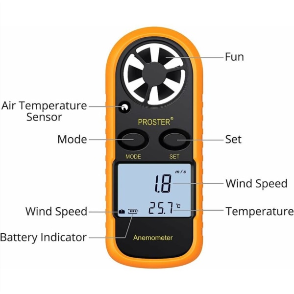 LCD digital vindmåler Vindhastighedsindikator Luftstrømshastighedsmåler termometer med baggrundsbelysning