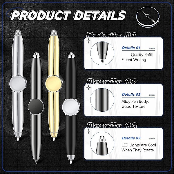 4 stk. Fidget Pen Spinner Pen med LED-lys Multifunktionel Cool Angst Pen Hjælp Stress Reducer Kuglepen (Som Vist)