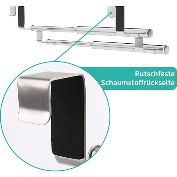 Handdukshållare, Handdukshållare för badrum, Handdukshållare för kök utan borrning, Över dörren Utdragbar handdukshållare för badrum, Rostfritt stål, Silver