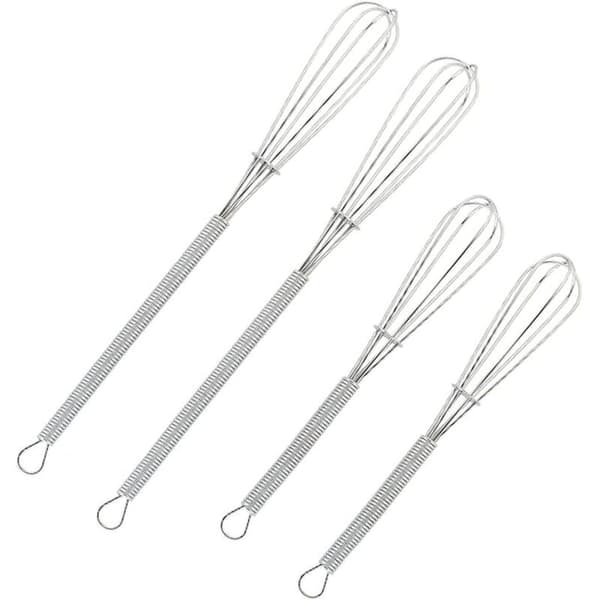Sett med 4 mini-visper for egg og sauser. Sølv mini-visper, 12,7 cm og 17,8 cm