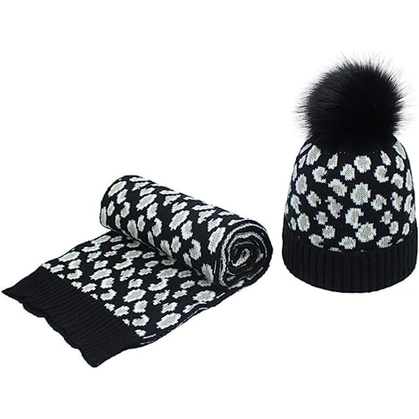 Ladies Winter Hat Scarf Set Knitted Leopard Beanie Scarf Warm Ski Hat Yellow