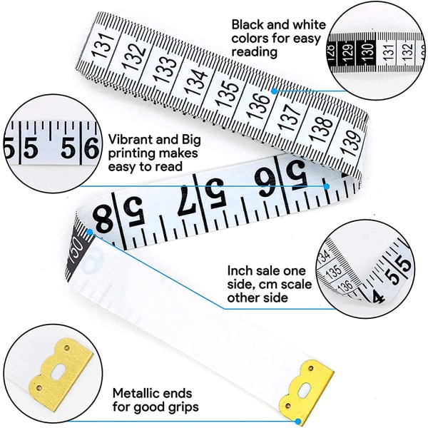 Vendbart målebånd for sying - kan brukes til å måle byste, midje, 150 cm, hvit, 1 stk.
