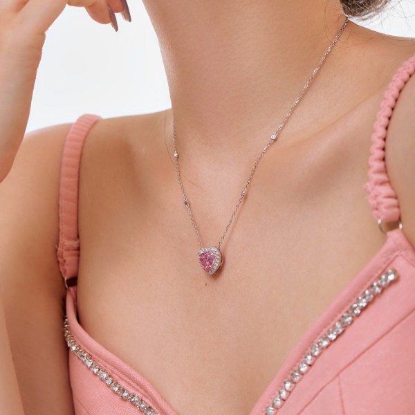 Semi-Sweet Series & S925 sterling sølv pink hjerteformet kærlighed hvid rund zirkonium indlagt niche udsøgt mode halskæde