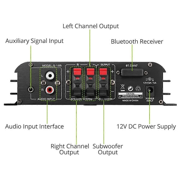 90W S-188 Bluetooth Stereo HiFi Forstærker 2.1 CH Audio Effektforstærker Bas Diskant Kontrol Musik Pl