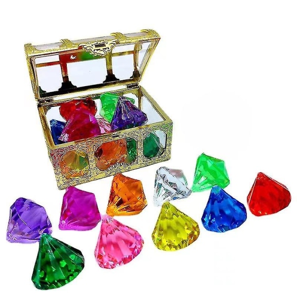 Dykning Gem Pool Leksak - 10 stora färgglada diamanter med Treasure Pirate Box